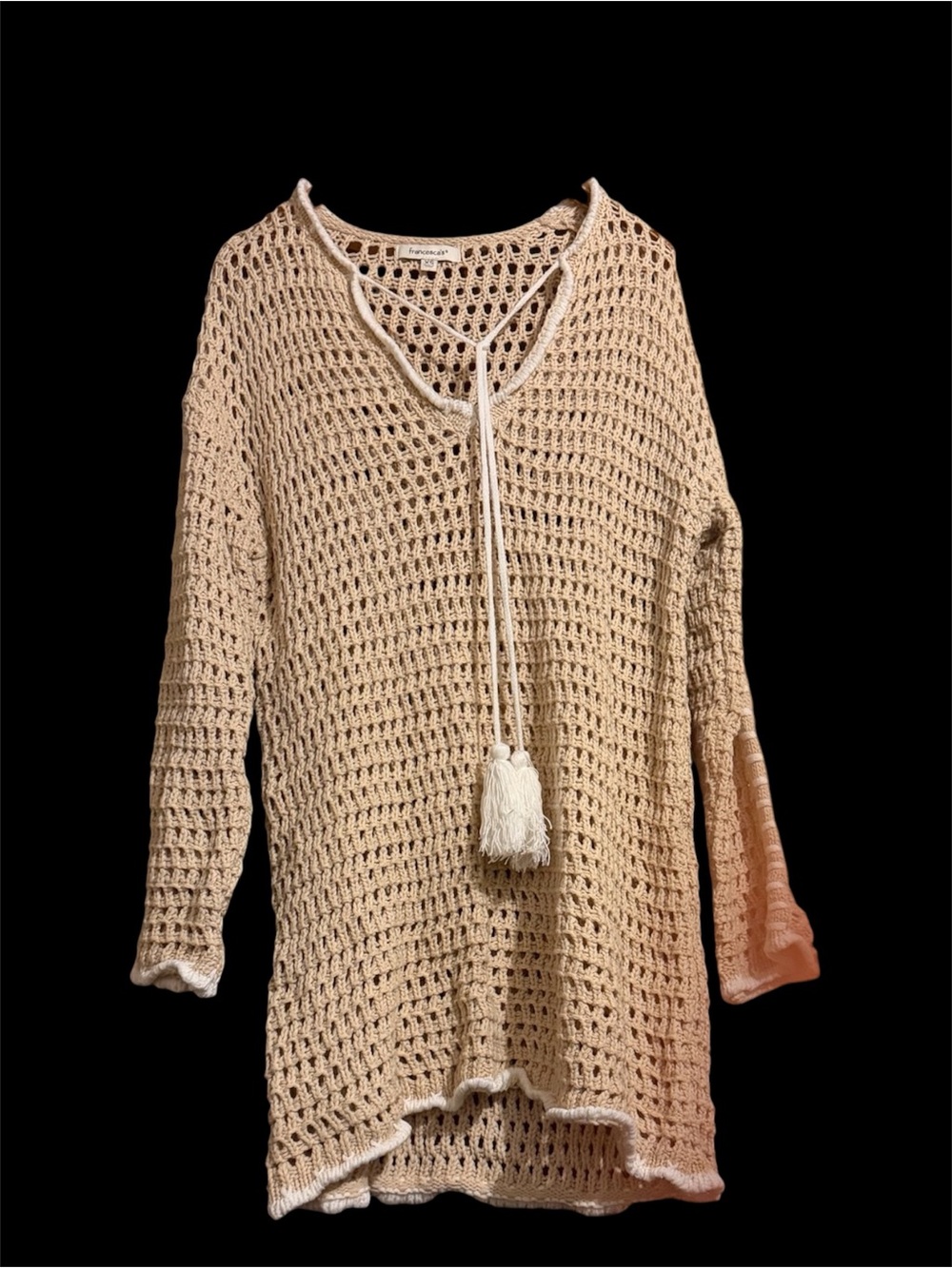 Francesca's Cream Open-Knit Crochet Tunic with Tassel Tie